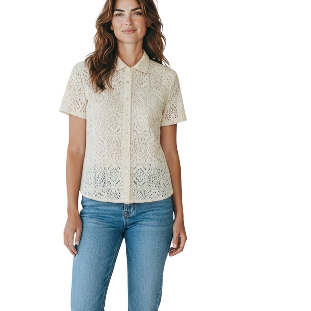 Portabella New York Crochet Lace Button Down Shirt Linen Cream Ivory XL Slim Fit
